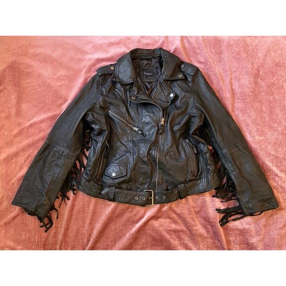 Nasty Gal Real Leather Biker Motorcycle Jacket Fringe Buckle Belt Moto Sz M - Picture 1 of 9